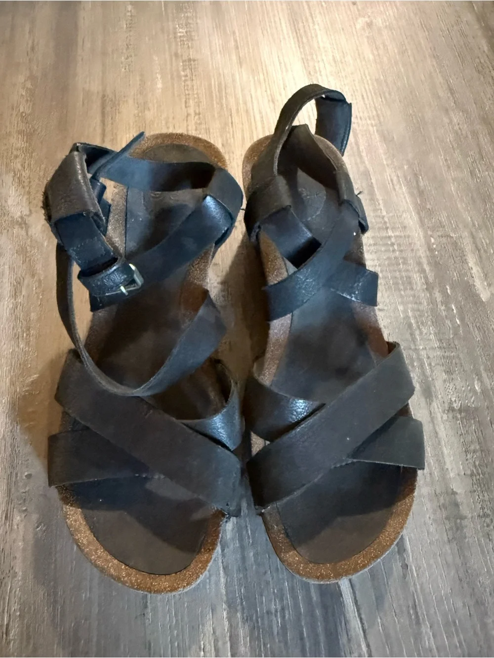 Teva Mahonia Black Leather Wedge Cross Strap Sandals